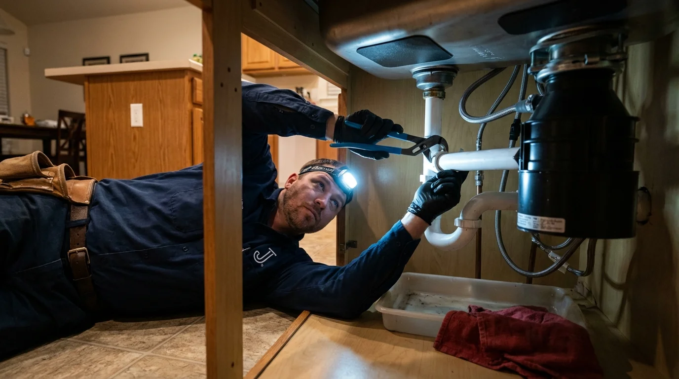 P-trap and supply line connections under a kitchen sink showing a common leak point in Albertville, MN